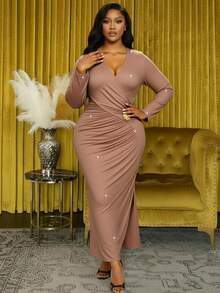 Veslaya Women Plus Size Elegant Autumn Wedding Dress,Gold Metal Buckle,Shiny Metallic Fiber Stretch Fabric,Cross Neckline Ruching Fitted Dusty Rose Maxi Dress - Dusty Pink - View 3