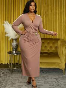 Veslaya Women Plus Size Elegant Autumn Wedding Dress,Gold Metal Buckle,Shiny Metallic Fiber Stretch Fabric,Cross Neckline Ruching Fitted Dusty Rose Maxi Dress - Dusty Pink - View 6