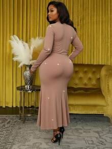 Veslaya Women Plus Size Elegant Autumn Wedding Dress,Gold Metal Buckle,Shiny Metallic Fiber Stretch Fabric,Cross Neckline Ruching Fitted Dusty Rose Maxi Dress - Dusty Pink - View 2