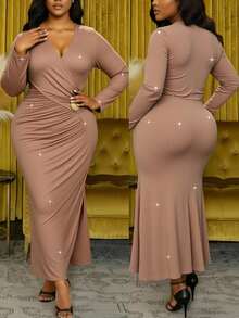 Veslaya Women Plus Size Elegant Autumn Wedding Dress,Gold Metal Buckle,Shiny Metallic Fiber Stretch Fabric,Cross Neckline Ruching Fitted Dusty Rose Maxi Dress - Dusty Pink - View 7
