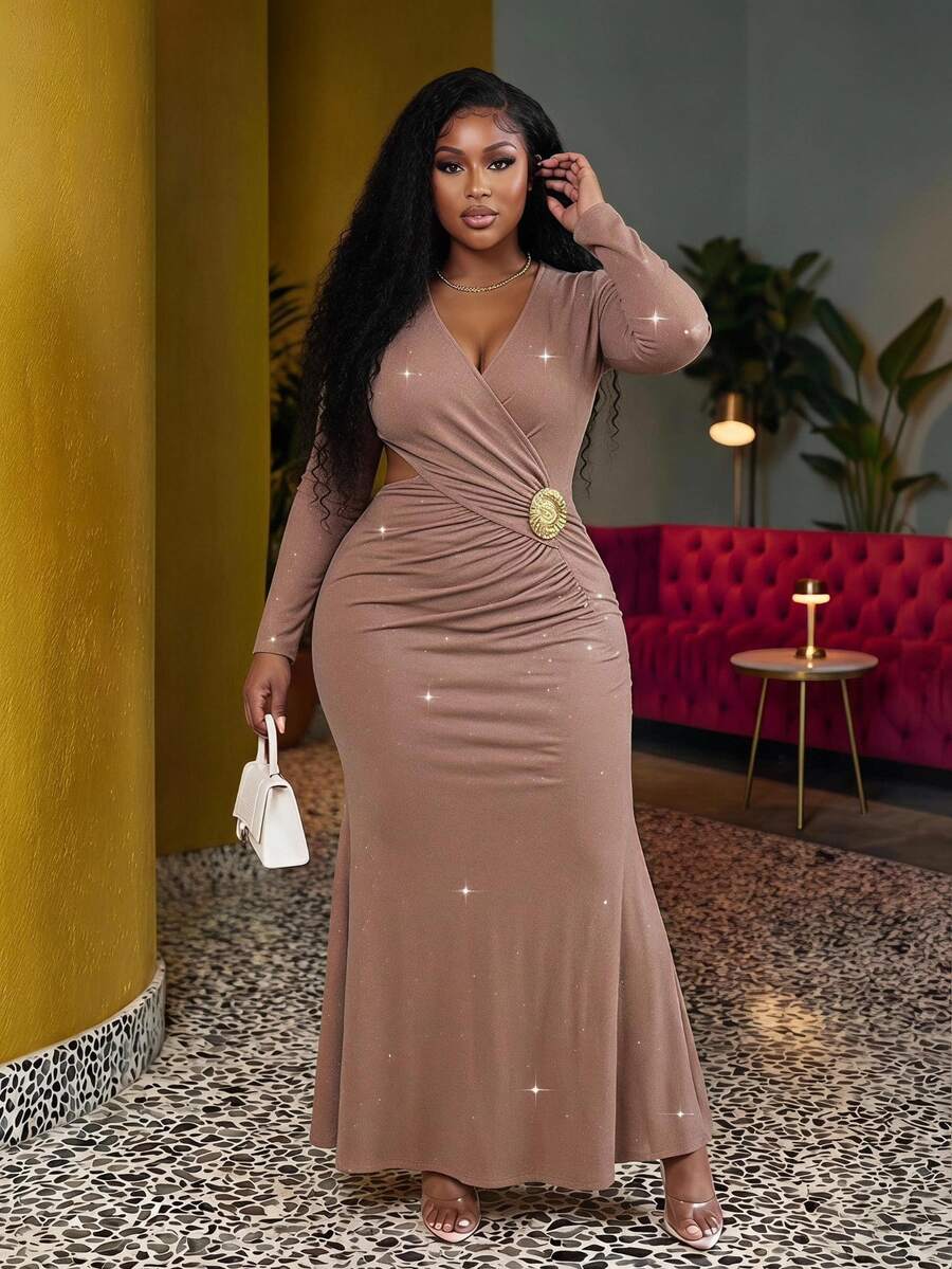 Veslaya Women Plus Size Elegant Autumn Wedding Dress,Gold Metal Buckle,Shiny Metallic Fiber Stretch Fabric,Cross Neckline Ruching Fitted Dusty Rose Maxi Dress - Dusty Pink - View 1