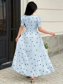Feyla 藍色波點泡泡短袖優雅復古浪漫洋裝，適合約會之夜、早午餐、夏季穿著 - 淺藍色 - 查看 3