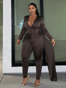 Veslaya Women's Plus Size Deep V-neck Pleated Jumpsuit - Pink - View 3