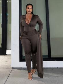 Veslaya Women's Plus Size Deep V-neck Pleated Jumpsuit - Pink - View 5