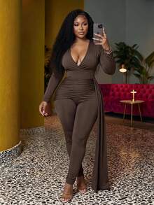 Veslaya Women's Plus Size Deep V-neck Pleated Jumpsuit - Pink - View 1