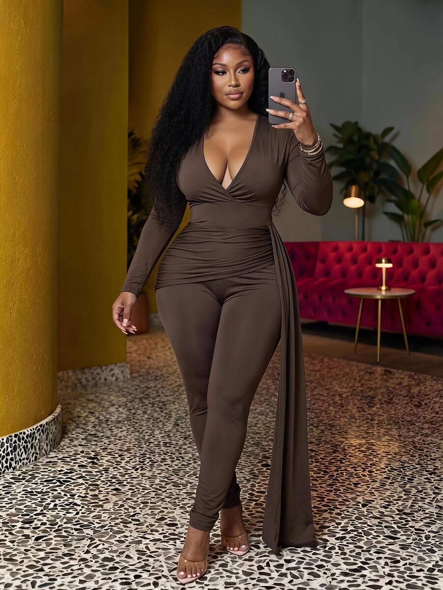 Veslaya Women's Plus Size Deep V-neck Pleated Jumpsuit - Pink - View 1