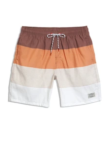 CoralVoy Men's Summer Vacation Contrast Color Striped Drawstring Waist Brown Beach Shorts, Holiday - Brown - View 3