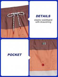 CoralVoy Men's Summer Vacation Contrast Color Striped Drawstring Waist Brown Beach Shorts, Holiday - Brown - View 7