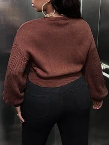 Veslaya Plus Drop Shoulder Crop Cardigan - Brown - View 2