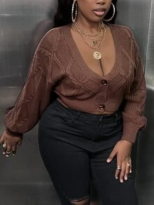 Veslaya Plus Drop Shoulder Crop Cardigan - Brown - View 4