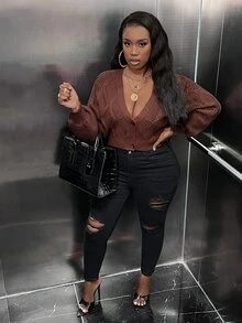 Veslaya Plus Drop Shoulder Crop Cardigan - Brown - View 5