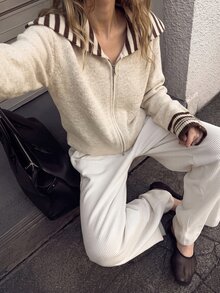 Muvela 女款拼接條紋長袖前開襟拉鍊針織開襟衫，秋冬優雅正式奢華商務時尚基礎款，聖誕返校適用 - 彩色 - 查看 5