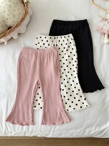 SHEIN Playful Pals 3件組幼女打底褲褲子 可愛甜美 粉色白色黑色 羅紋針織 波點荷葉邊荷葉飾邊 戶外生日冬季秋季假期長褲 - 粉色 - 查看 2