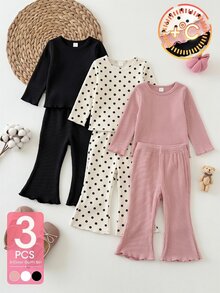 SHEIN Playful Pals 3件組幼女打底褲褲子 可愛甜美 粉色白色黑色 羅紋針織 波點荷葉邊荷葉飾邊 戶外生日冬季秋季假期長褲 - 粉色 - 查看 3