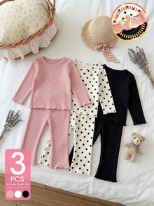 SHEIN Playful Pals 3件組幼女打底褲褲子 可愛甜美 粉色白色黑色 羅紋針織 波點荷葉邊荷葉飾邊 戶外生日冬季秋季假期長褲 - 粉色 - 查看 1