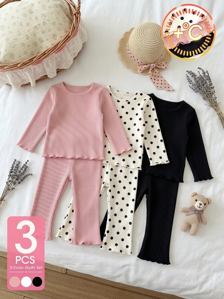 SHEIN Playful Pals 3pcs Toddler Girl Leggings Pants Cute Sweet Pink White Black Ribbed Knit Polka Dot Lettuce Trim Frill Outdoor Birthday Winter Fall Holiday Trousers - Pink - View 1