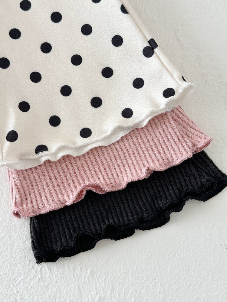 SHEIN Playful Pals 3pcs Toddler Girl Leggings Pants Cute Sweet Pink White Black Ribbed Knit Polka Dot Lettuce Trim Frill Outdoor Birthday Winter Fall Holiday Trousers - Pink - View 6