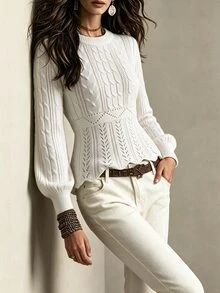 Breezaya New Elegant Round Neck Long Sleeve Cinched Waist Cable Knit Sweater For Women - White - View 4