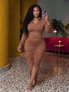 Veslaya Plus Drawstring Front Bodycon Dress - Brown - View 1