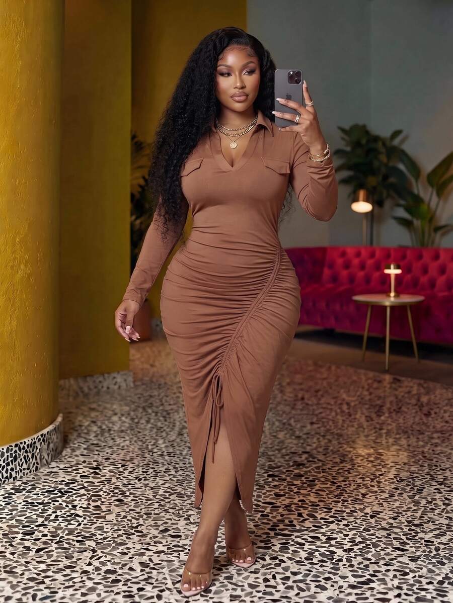 Veslaya Plus Drawstring Front Bodycon Dress - Brown - View 1
