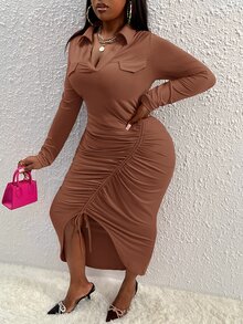 Veslaya Plus Drawstring Front Bodycon Dress - Brown - View 5