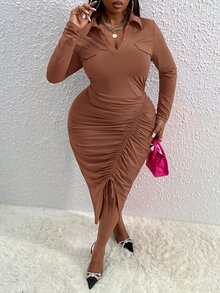 Veslaya Plus Drawstring Front Bodycon Dress - Brown - View 3