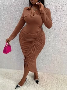 Veslaya Plus Drawstring Front Bodycon Dress - Brown - View 4