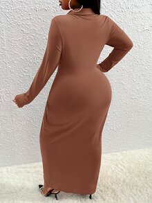 Veslaya Plus Drawstring Front Bodycon Dress - Brown - View 2