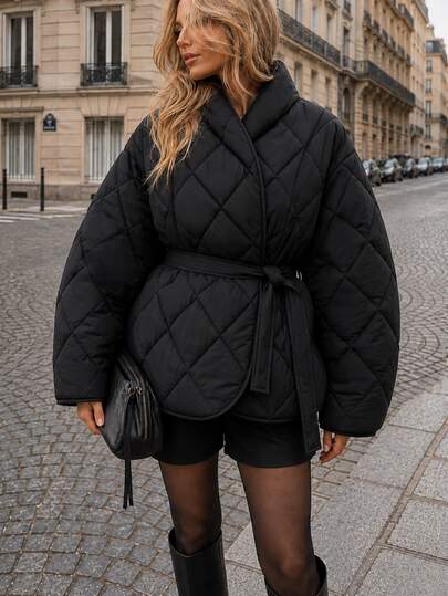 Pariaura Women, Winter, Autumn, Regular Lenght, Loose Fit, Wrap, Black Quilted Jacket, Belted Quilted Coat, Kimono-Style Padded Coat, Wrap Quilted Jacket, Sash-Tie Puffer, Oversized Quilted Outerwear, Black Padded Coat, Relaxed-Fit Quilted Wrap, Matching Quilted Set, Cozy Insulated Jacket, Minimalist Quilted Coat, Scandinavian-Inspired Outerwear, Lightweight Insulated Wrap, Women's Kimono Puffer, Everyday Quilted Jacket