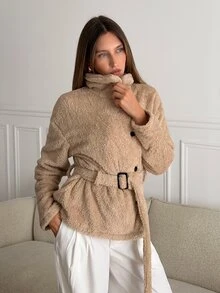 Siren Gaze Women's Solid Color Double-Sided Fleece Tie-Front Short Jacket, Autumn/Winter - Apricot - View 9
