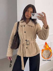 Siren Gaze Women's Solid Color Double-Sided Fleece Tie-Front Short Jacket, Autumn/Winter - Apricot - View 5