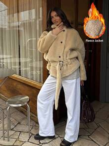 Siren Gaze Women's Solid Color Double-Sided Fleece Tie-Front Short Jacket, Autumn/Winter - Apricot - View 8