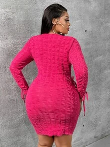 Veslaya Women's Plus Size Textured Fabric Hollow Out Bodycon Dress - Hot Pink - View 2