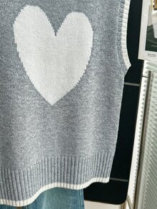 SHEIN Franclia Back-To-School Cute Grey Heart Knitted Vest,Oversized Loose Fit Contrast Color Jacquard Pattern Round Neck Sleeveless Soft Knit Fabric Autumn School - Grey - View 4