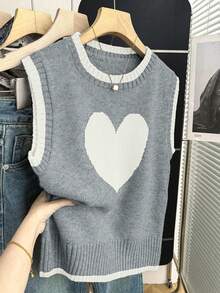 SHEIN Franclia Back-To-School Cute Grey Heart Knitted Vest,Oversized Loose Fit Contrast Color Jacquard Pattern Round Neck Sleeveless Soft Knit Fabric Autumn School - Grey - View 1