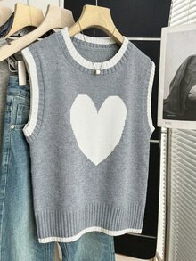 SHEIN Franclia Back-To-School Cute Grey Heart Knitted Vest,Oversized Loose Fit Contrast Color Jacquard Pattern Round Neck Sleeveless Soft Knit Fabric Autumn School - Grey - View 3