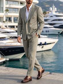 Manfinity Bizformal Men's Luxury Double-Breasted Suit Set, Adds More Style And Layers, Suitable For Daily Commuting, Business, Gatherings, And Parties. - Army Green - View 7