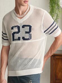 Manfinity LEGND Aesthetic Post--Men's Casual Contrast Stripe & Numeric Perforated Knit Top, Summer - Multicolor - View 5
