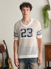 Manfinity LEGND Aesthetic Post--Men's Casual Contrast Stripe & Numeric Perforated Knit Top, Summer - Multicolor - View 7