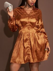 Veslaya 焦橙色大尺碼優雅秋季派對婚禮花卉紋理亮面緞面翻領長袖收腰A字迷你洋裝，鐵鏽古銅色編織 - 棕色 - 查看 8