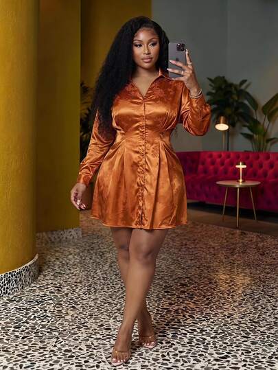 Veslaya Burnt Orange Plus Size Elegant Autumn Party Wedding Floral Textured Lustrous Satin Collared Long Sleeve Cinched Waist A-Line Mini Dress, Rust Bronze Woven