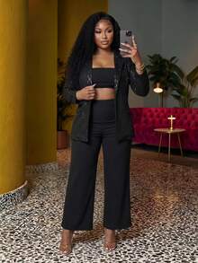 Veslaya Plus Lapel Neck Crop Sequins Blazer & Wide Leg Pants - Black - View 1