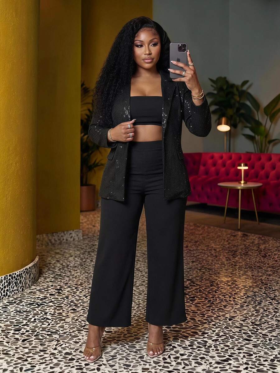 Veslaya Plus Lapel Neck Crop Sequins Blazer & Wide Leg Pants - Black - View 1