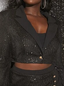 Veslaya Plus Lapel Neck Crop Sequins Blazer & Wide Leg Pants - Black - View 3