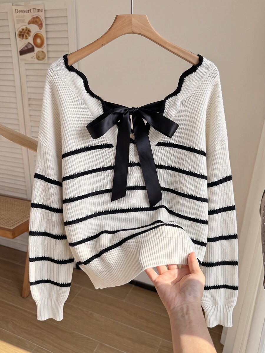 GlowEve CURVE Plus Size Women Striped Colorblock Knit Sweater With Bowknot Hollow Back Loose Drop Shoulder Lantern Long Sleeve Front & Back V Neck Drawstring Soft Flattering Slimming Casual Knit Jumper - Multicolor - View 1