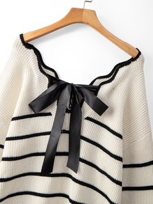GlowEve CURVE Plus Size Women Striped Colorblock Knit Sweater With Bowknot Hollow Back Loose Drop Shoulder Lantern Long Sleeve Front & Back V Neck Drawstring Soft Flattering Slimming Casual Knit Jumper - Multicolor - View 5