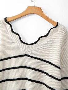 GlowEve CURVE Plus Size Women Striped Colorblock Knit Sweater With Bowknot Hollow Back Loose Drop Shoulder Lantern Long Sleeve Front & Back V Neck Drawstring Soft Flattering Slimming Casual Knit Jumper - Multicolor - View 6