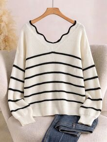 GlowEve CURVE Plus Size Women Striped Colorblock Knit Sweater With Bowknot Hollow Back Loose Drop Shoulder Lantern Long Sleeve Front & Back V Neck Drawstring Soft Flattering Slimming Casual Knit Jumper - Multicolor - View 2