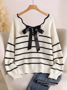 GlowEve CURVE Plus Size Women Striped Colorblock Knit Sweater With Bowknot Hollow Back Loose Drop Shoulder Lantern Long Sleeve Front & Back V Neck Drawstring Soft Flattering Slimming Casual Knit Jumper - Multicolor - View 4