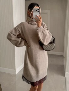 Pariaura Oversized High Neck Knit Mini Sweater Dress With Contrast Lace Hem, Drop Shoulder Fit, Soft Touch Fabric, Korean Street Style, Fall Winter Cozy Chic Outfit Luxury Soft Knit Turtleneck Mini Dress With Delicate Lace Hem, Relaxed Fit, Elegant Street Chic Fall Winter Look - Mocha Brown - View 7